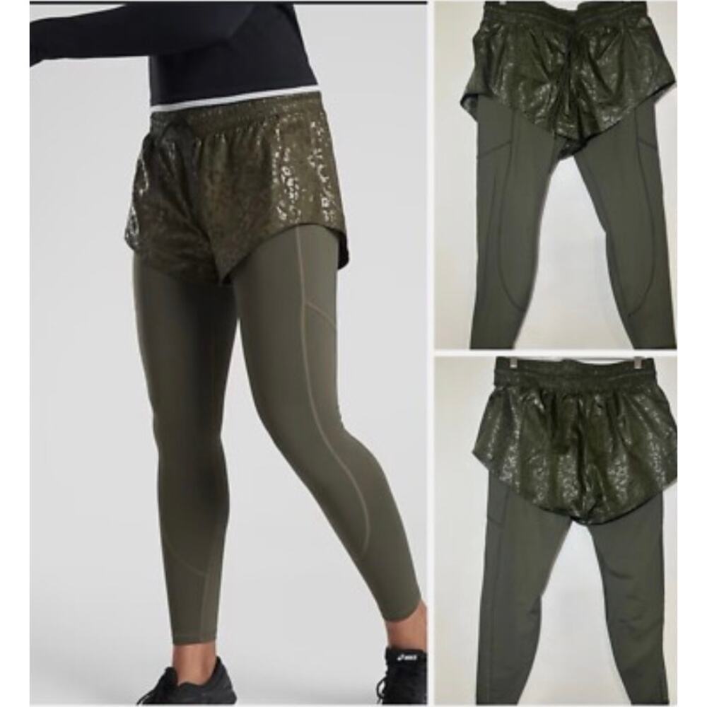 Athleta Rainer 2 in 1 Stash Pocket Leggings Olive Green Cheetah Small Tall